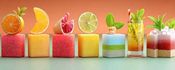 Diabetes-specific education style. Colorful fruit slices and cocktails arranged on a vibrant background.