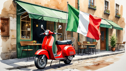 Red scooter in front of italian cafe with large flag on rustic streetю Watercolor red Vespa scooter parked by a café with Italian flag, perfect for Italy travel ads or Republic Day content.
