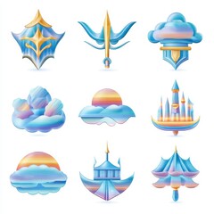 Nine Whimsical Cloud Illustrations Pastel Color Palette Digital Art