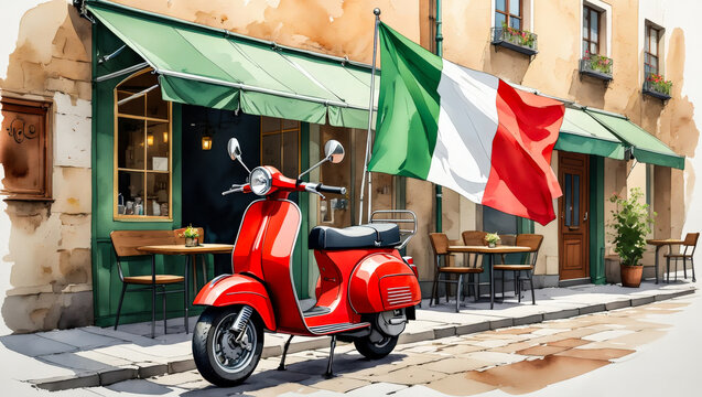 Red scooter in front of italian cafe with large flag on rustic streetю Watercolor red Vespa scooter parked by a caf&eacute; with Italian flag, perfect for Italy travel ads or Republic Day content.
