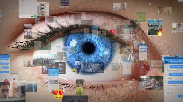 Animated Background with Virtual Social Media Reality Interconnected by Internet Into Worldwide Web. Eye Background. Internet of Things. Videos, Avatars, Emoji, Profiles. Metaverse.