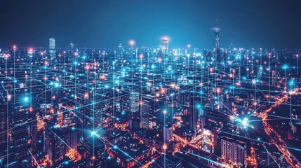 Fototapeta premium Smart City: Networked Urban Landscape at Night