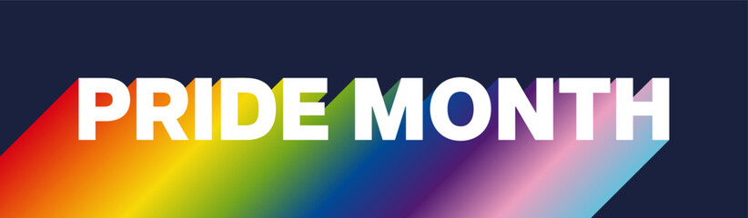 Pride Month Rainbow Typography. Pride Month Web Banner with Pride Month Text and Rainbow Gradient Background. Vector Illustration for LGBTQ Pride Month Banner, Poster, Sign, Graphic. 