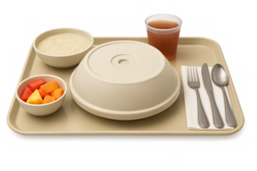 Hospital meal tray with soup, fruit, and covered dish on transparent background