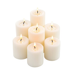 Seven white candles with flickering flames are arranged in cluster, creating warm and serene ambiance. soft glow of candles adds peaceful and calming atmosphere