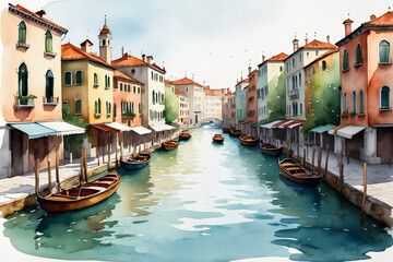 Obraz premium Watercolor view of Venice canal with gondolas and Italian architecture, ideal for travel promotions or romantic holiday themes. Scenic canal with boats and colorful buildings in a serene cityscape. 