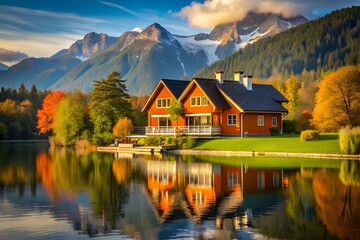 Tranquil real estate scenery featuring homes beside lake river and forest perfect for brochure banner or social media post olgamcs backgrounds ads business art