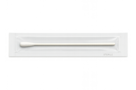 Sterile cotton swab in individual packaging on transparent background