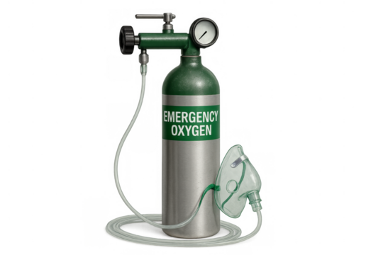 Emergency oxygen tank with mask and transparent background