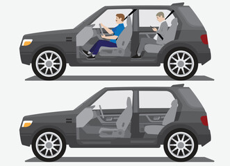 suv car cutaway side open view  with driver and passenger and empty inside
