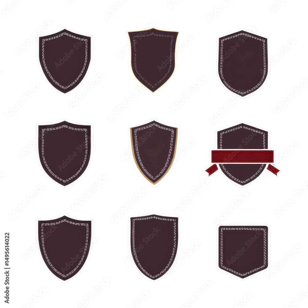 Poster nine dark brown shield emblems with white stitching are displayed, each with unique design. one feat