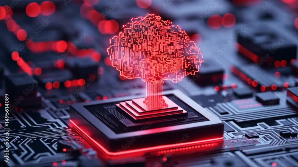 Poster digital tree emerging from circuit board illuminated in red during futuristic tech demonstration