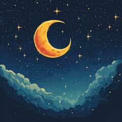 Naklejka premium Night sky crescent moon cloudscape, starry background; design