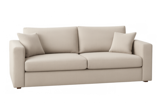 Modern beige sofa isolated on transparent background with two pillows