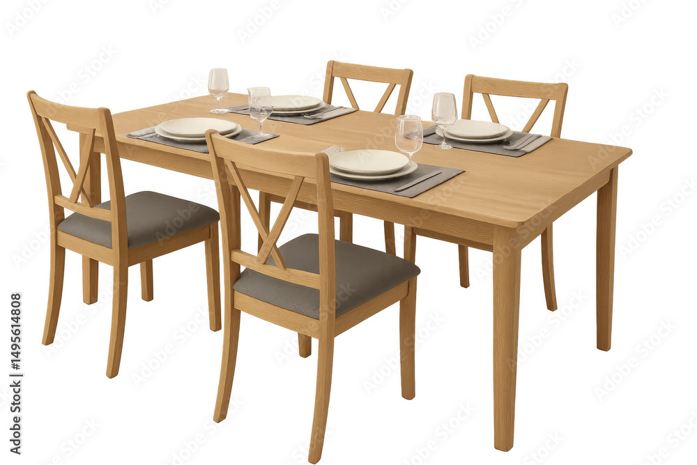 Poster wooden dining table with four chairs and table setting on transparent background