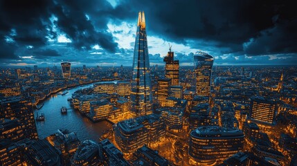 Dramatic cityscape panorama of a modern metropolis at twilight.