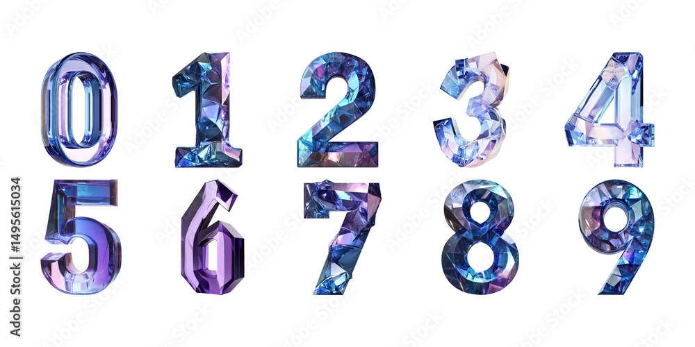 Poster crystal gemstone numbers set. elegant and luxurious typography collection isolated on transparent ba