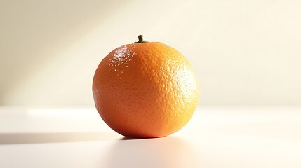 A shiny orange is set alone against a neutral gradient background on a glossy surface