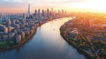 Fototapeta premium Panoramic view of London city skyline at sunrise over the river.