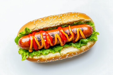 Juicy grilled hot dog with ketchup, mustard, and fresh lettuce served in a sesame seed bun on a white background.