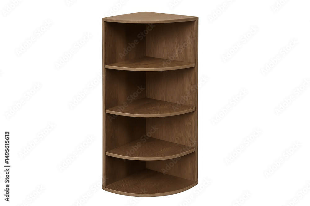 Poster empty rounded wooden corner shelf unit on transparent background