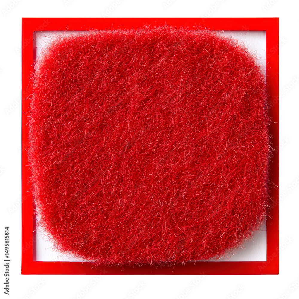 Poster vibrant red textured artwork with fuzzy surface is enclosed in square frame, creating striking visua