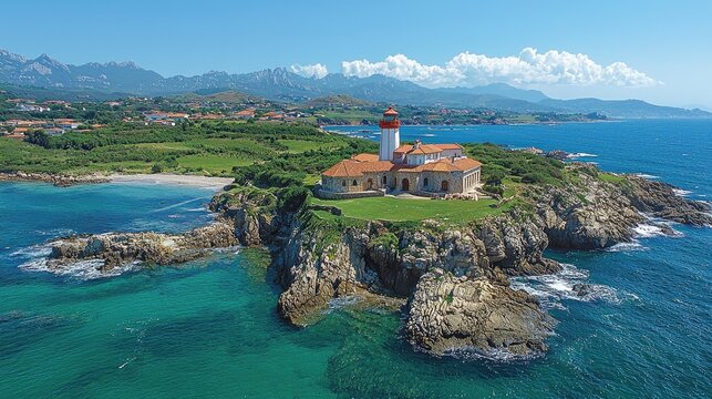Coastal landscape with a lighthouse on a rocky peninsula.