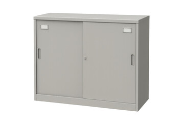 Modern gray metal office cabinet with sliding doors on transparent background