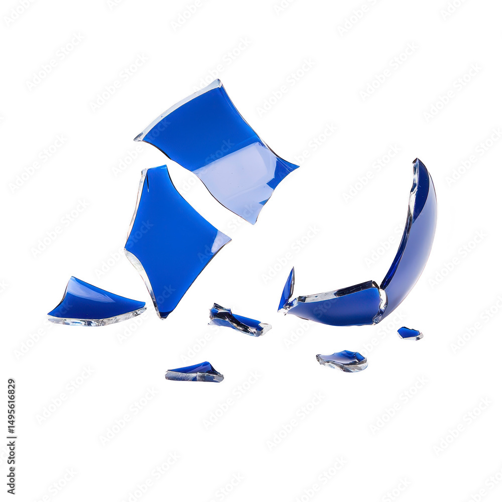 Poster shattered blue glass pieces scattered on transparency background, creating dynamic and chaotic compo