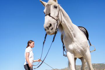 Teenage girl lunging a majestic white horse beneath a vibrant blue sky, preparing for an exciting...