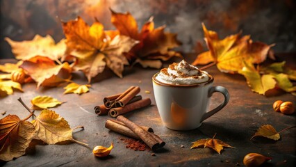 Autumnal Delight A Cozy Cup of Spiced Whipped Cream Beverage Surrounded by Golden Leaves and Aromatic Cinnamon Sticks