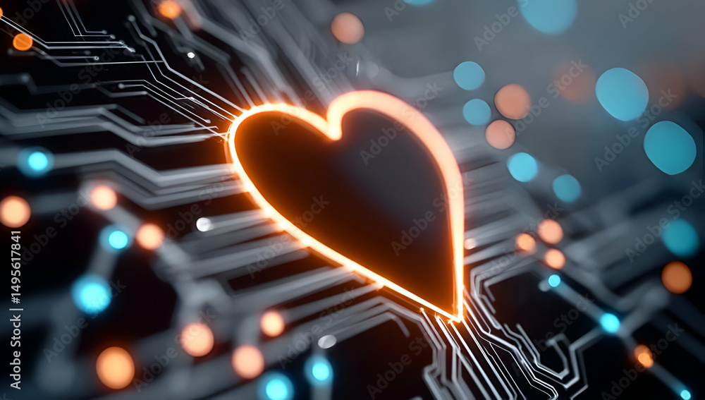 Poster a vibrant heart shape illuminated by glowing circuits, symbolizing the connection between love and t