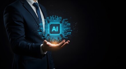 Businessman Holding Futuristic AI Chip Revolutionizing Business with Artificial Intelligence Technology