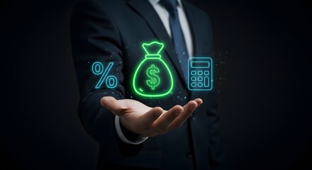 Businessman holding glowing digital money bag, percentage symbol, and calculator Financial success, investment growth, wealth management, and financial planning concepts