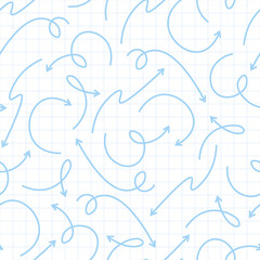 Modern seamless pattern of blue arrows of different shapes on a checkered and white background