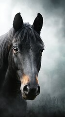 Fototapeta premium Majestic black horse gazing into the distance on a foggy morning in a tranquil forest setting