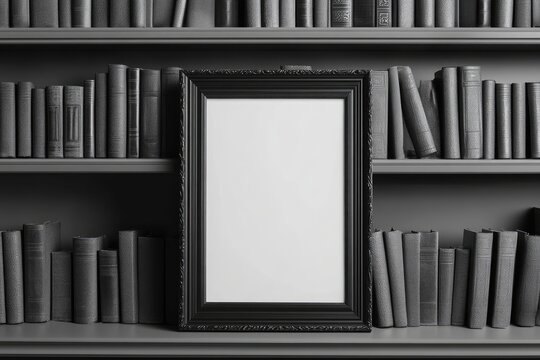 Black framed display on bookshelves