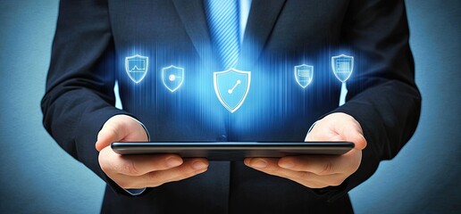 A businessman holds a tablet computer, with glowing digital shield icons appearing above it.  The image conveys a sense of digital security and protection