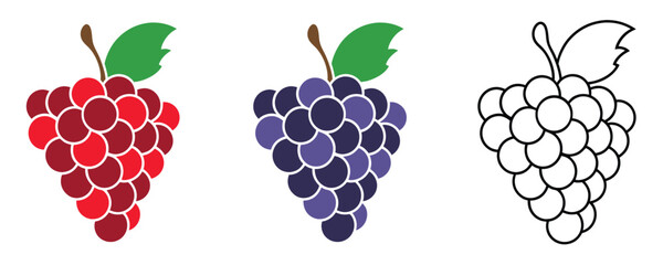 Set of Grape Icons Fruits, bunches of grapes icons, Flat vector red, green, blue grapes branch logo, Vector illustration