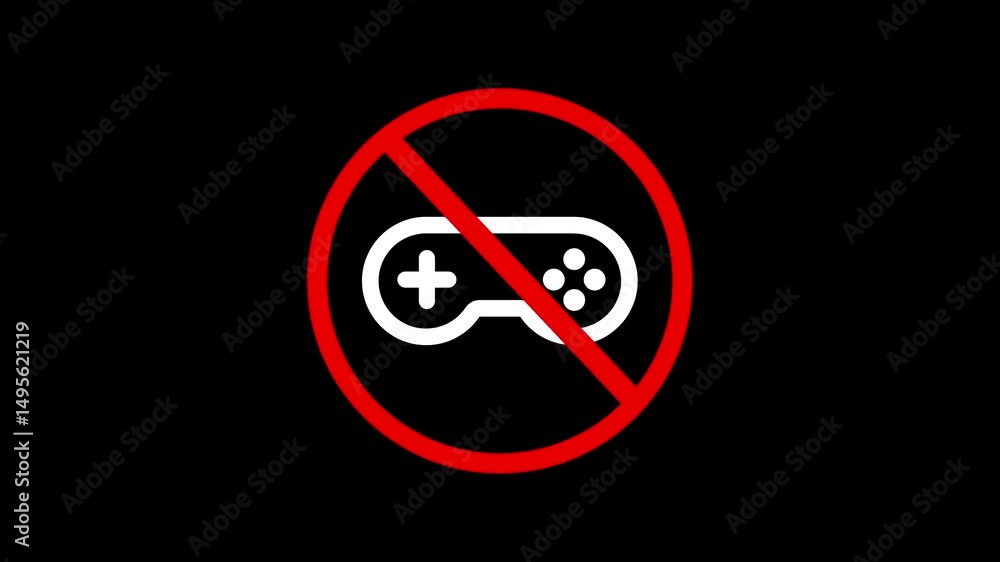Poster no game motion graphic of vide game play restriction stop gaming with a restriction sign on a dark b