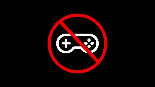 No game motion graphic of vide game play restriction stop gaming with a restriction sign on a dark background animated symbol