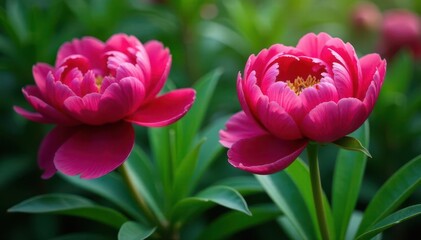 Fototapeta premium Bold peony blooms in vibrant hues, lush green leaves, spring, rich