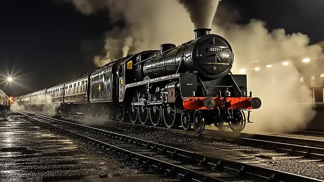 Vintage steam locomotive chugging through a misty train yard at night, surrounded by historical trains