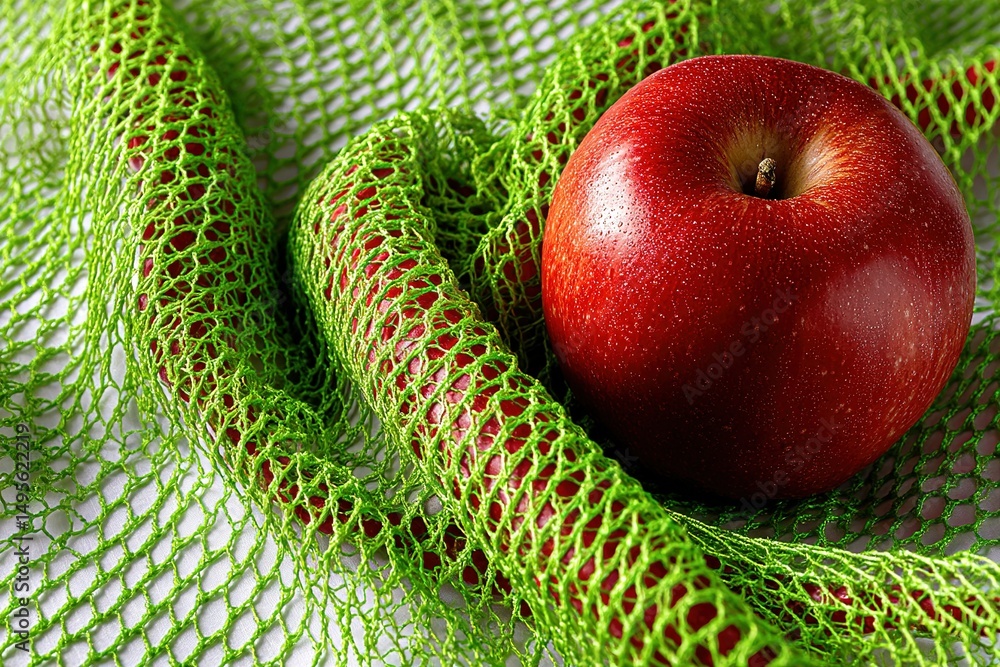 Poster red apple resting on a green mesh netting, creating a vibrant contrast in a simple yet artistic pres