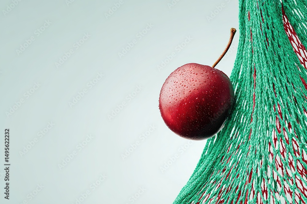 Poster fresh red apple resting on a green mesh net against a simple background showcasing its natural beaut