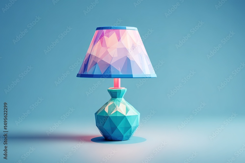 Poster colorful geometric lamp casting soft shadows in a serene setting with a minimalist design