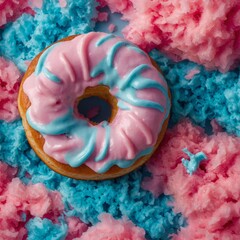 A cotton candy swirl donut with fluffy texture, on a fun, vibrant background.