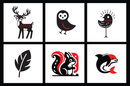 Infant Visual Stimulation Patterns, Black and white flash card with high contrast for baby vector, animals	