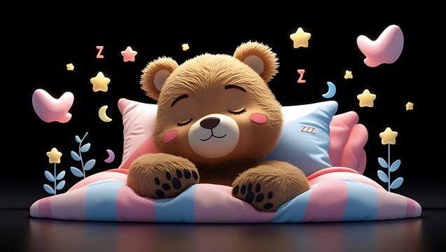 Sweet dreams illustration of a cute cartoon teddy bear sleeping soundly