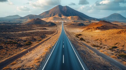 Vast, paved highway stretches through volcanic landscape.
